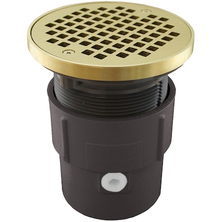 Jones Stephens 3inX4in PVC Pipe Fit Drain Base with 3-1/2in Plastic Spud and 5in Polished Brass Strainer with Ring D53430